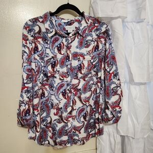 Liz Claiborne Shirt Size XL Paisley Button up Red White Blue Chest Pockets Rayon